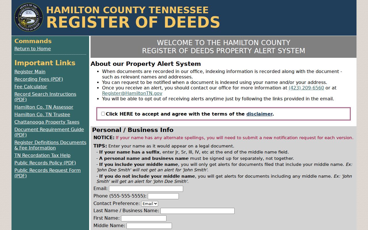 Chattanooga residents directory Hamilton County Register property alert signup